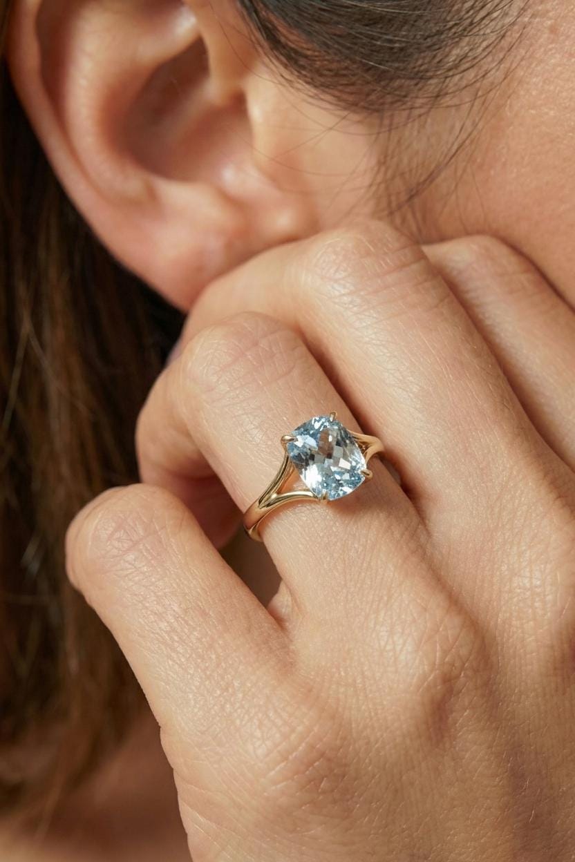 Cushion Cut Aquamarine Engagement Ring, Modern Split Shank Solitaire, Vintage Inspired Graduation Birthstone Ring – March Birthstone Jewelry