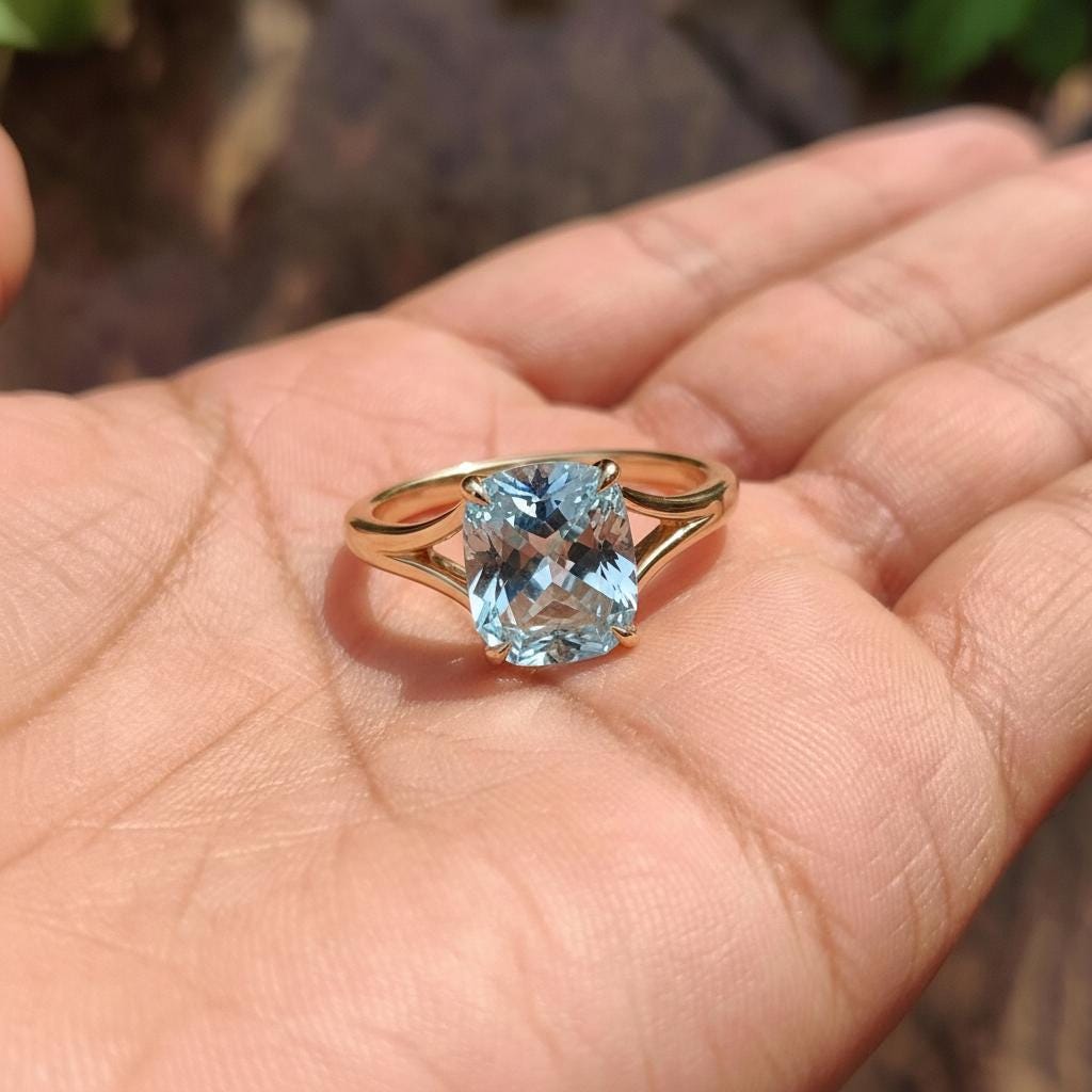 Cushion Cut Aquamarine Engagement Ring, Modern Split Shank Solitaire, Vintage Inspired Graduation Birthstone Ring – March Birthstone Jewelry