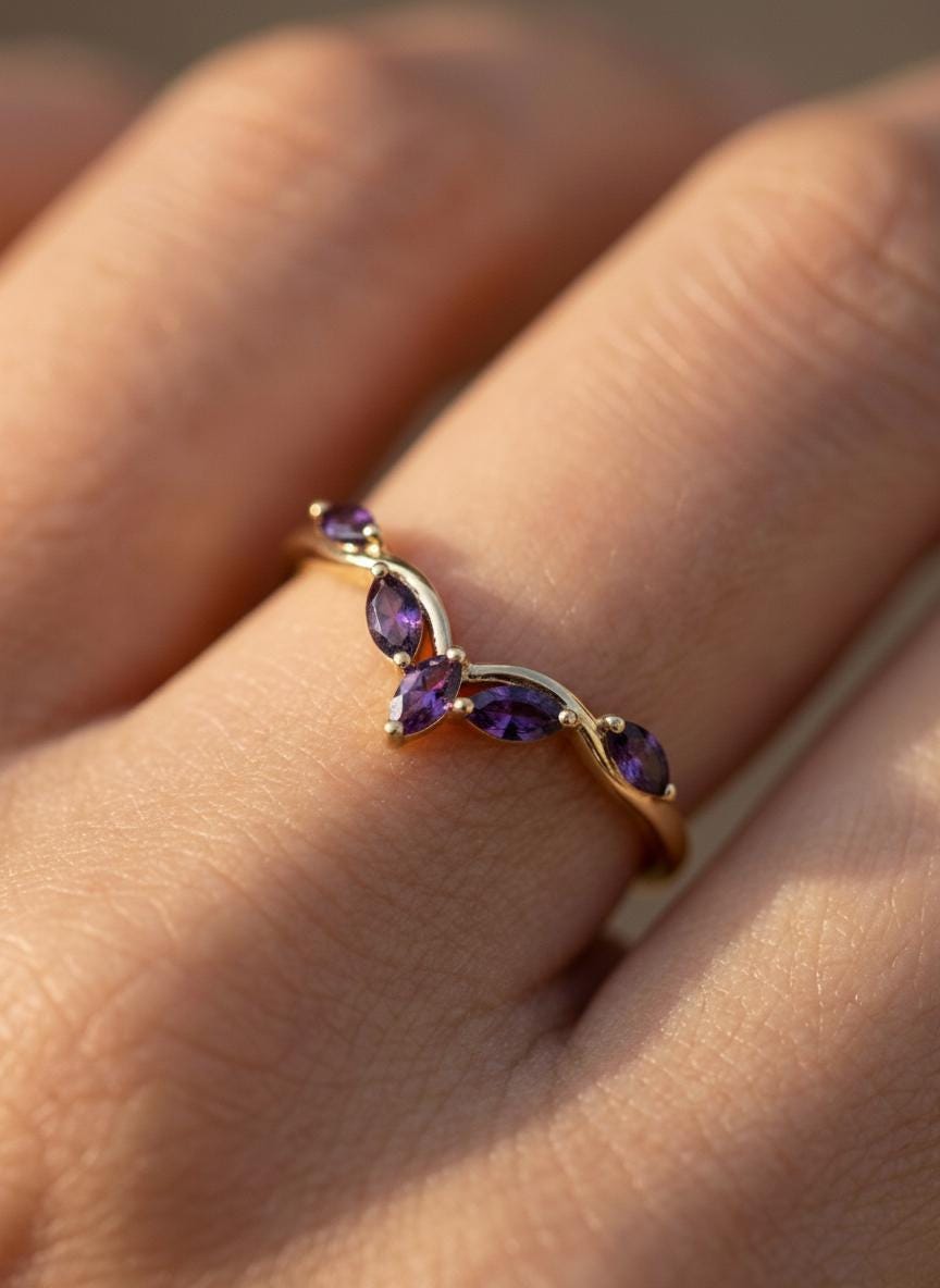 Curved Amethyst Marquise Cluster Band, 18K Gold February Birthstone V-Shaped Ring, Dainty Purple Amethyst Enhancer, Unique Minimalist