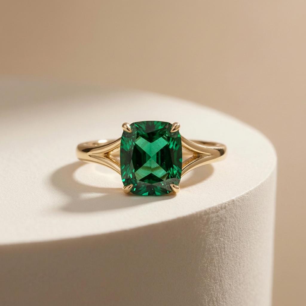 Cushion Cut Emerald Engagement Ring, Modern Split Shank Solitaire, Vintage Inspired  Statement Ring Gift for Wife – May Birthstone Jewelry