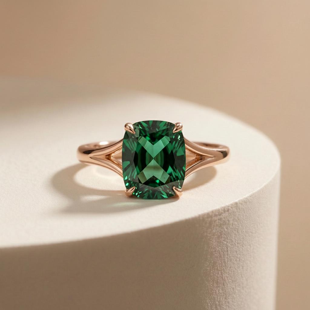 Cushion Cut Emerald Engagement Ring, Modern Split Shank Solitaire, Vintage Inspired  Statement Ring Gift for Wife – May Birthstone Jewelry