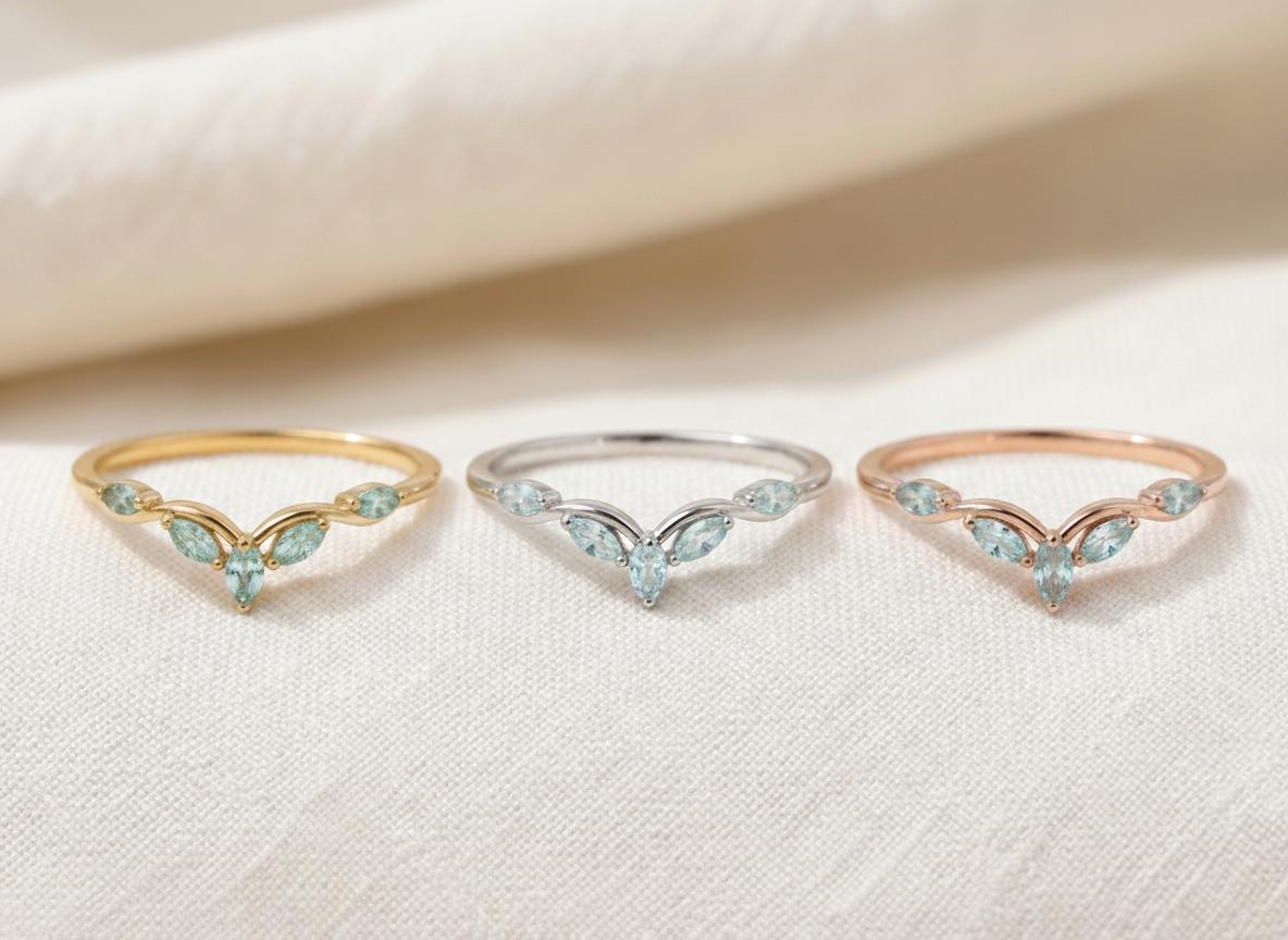 Curved Aquamarine Marquise Cluster Band, 18K Gold March Birthstone V-Shaped Ring, Dainty Blue Aquamarine Enhancer