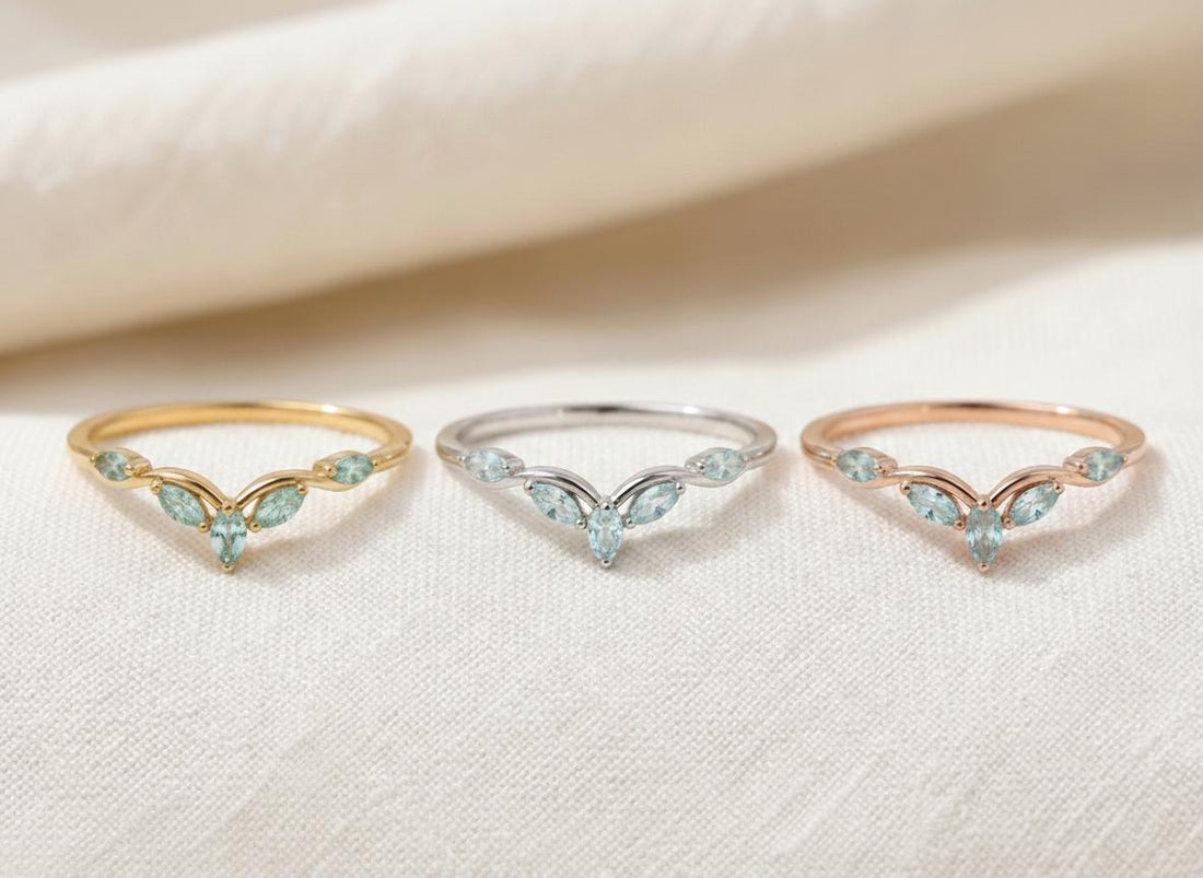 Curved Aquamarine Marquise Cluster Band, 18K Gold March Birthstone V-Shaped Ring, Dainty Blue Aquamarine Enhancer