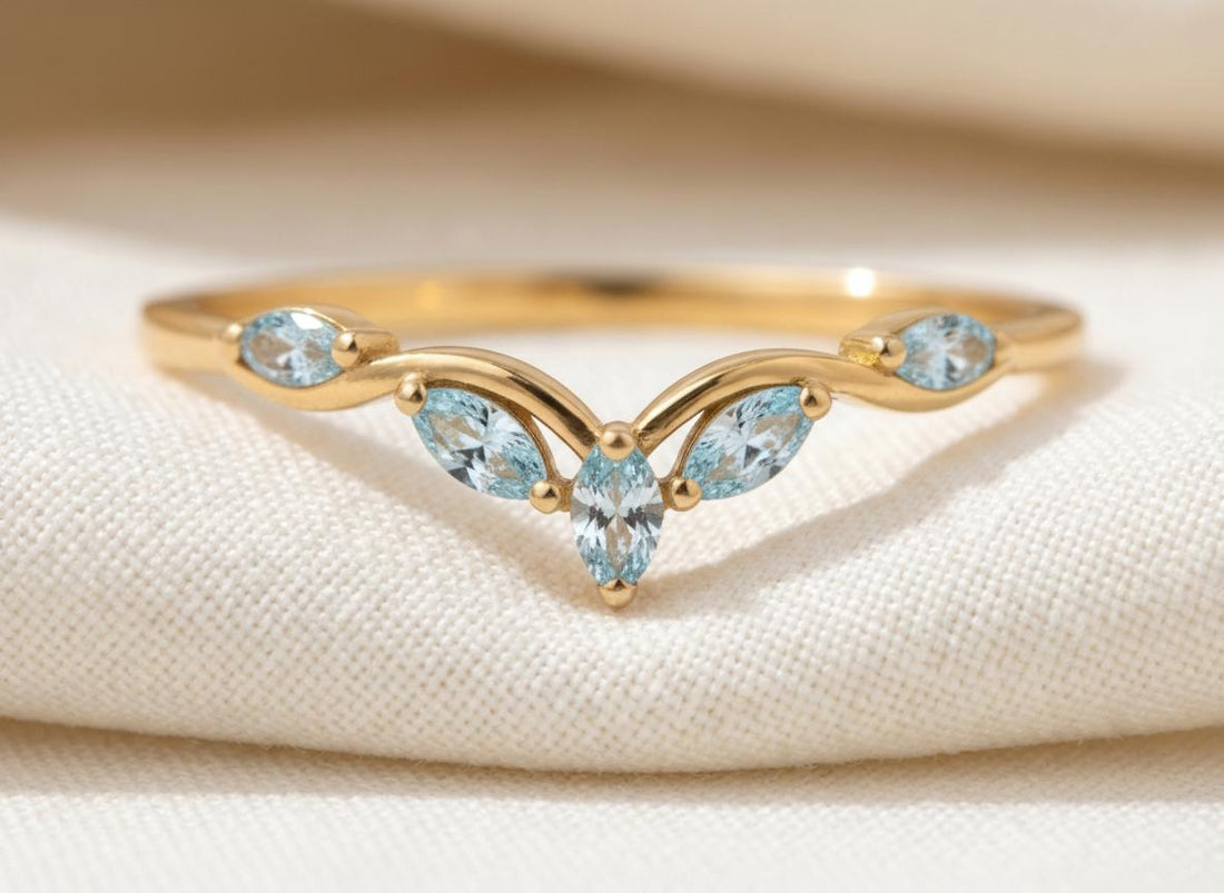 Curved Aquamarine Marquise Cluster Band, 18K Gold March Birthstone V-Shaped Ring, Dainty Blue Aquamarine Enhancer