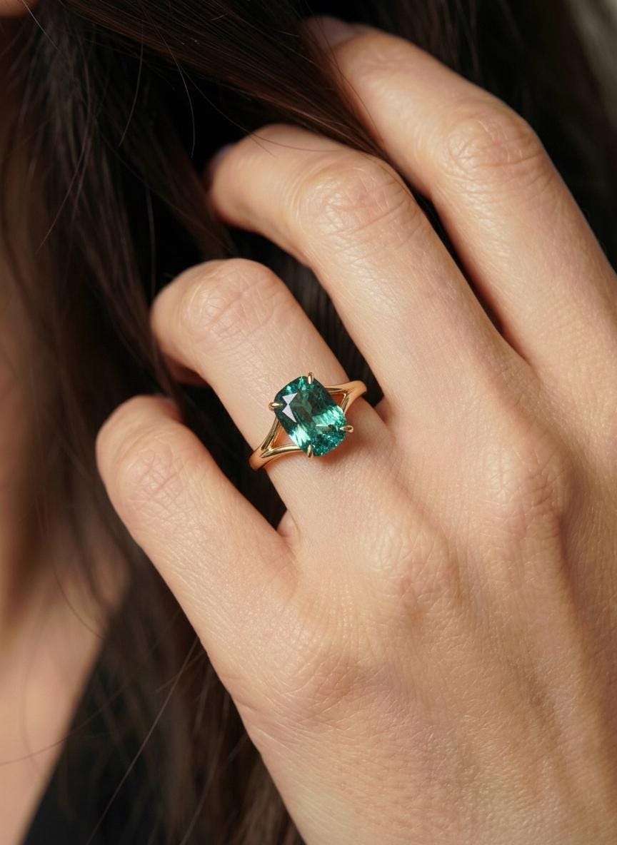 Cushion Cut Alexandrite Engagement Ring, Modern Split Shank Solitaire, Vintage Inspired Anniversary Gift for Her – June Birthstone Jewelry