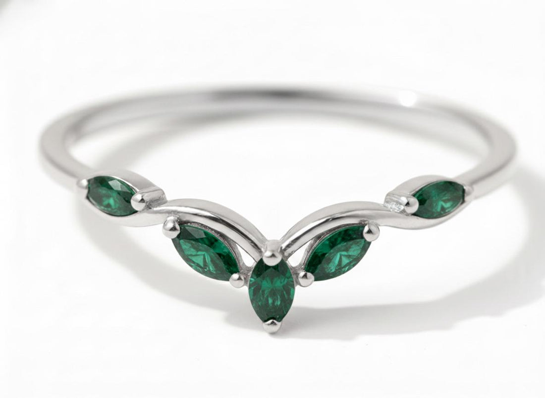 Curved Emerald Marquise Cluster Band, 18K Gold May Birthstone V-Shaped Ring, Dainty Green Emerald Enhancer