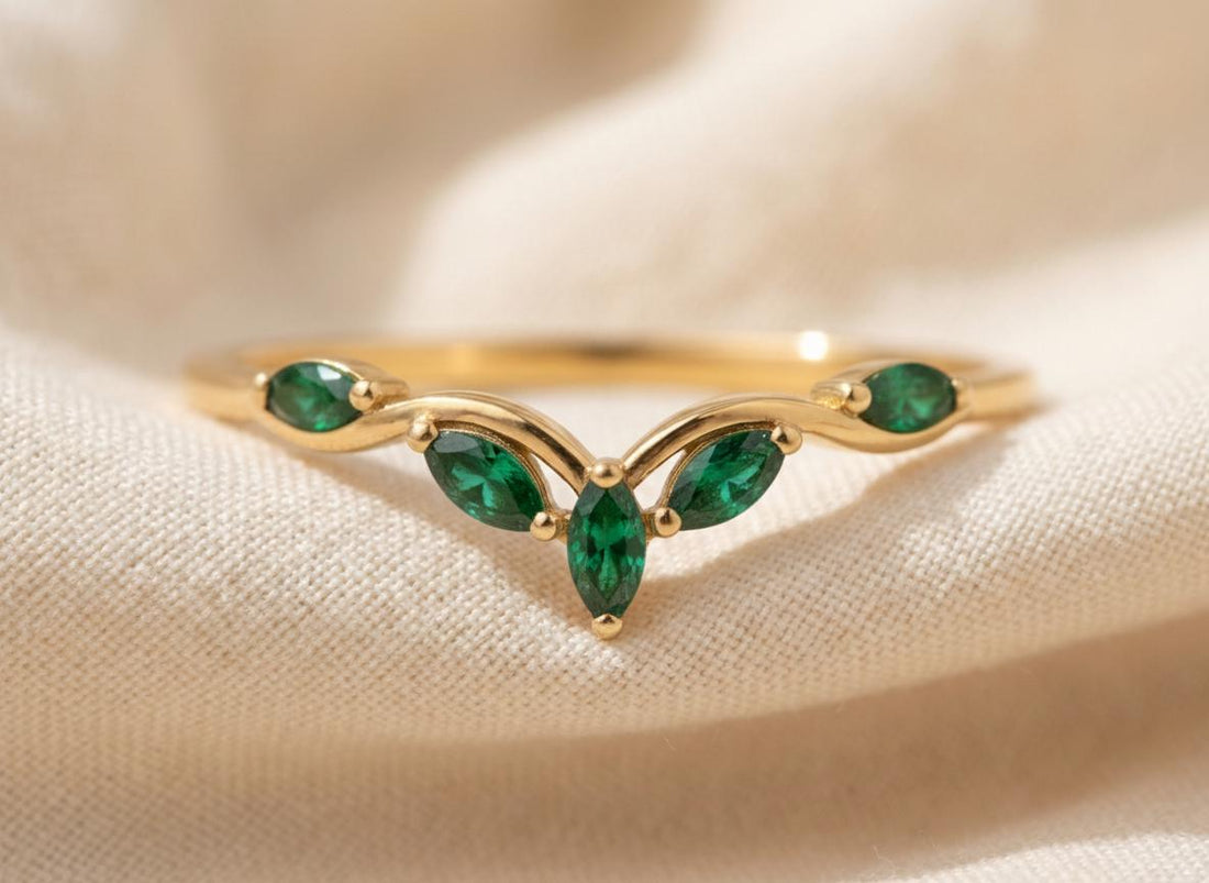 Curved Emerald Marquise Cluster Band, 18K Gold May Birthstone V-Shaped Ring, Dainty Green Emerald Enhancer