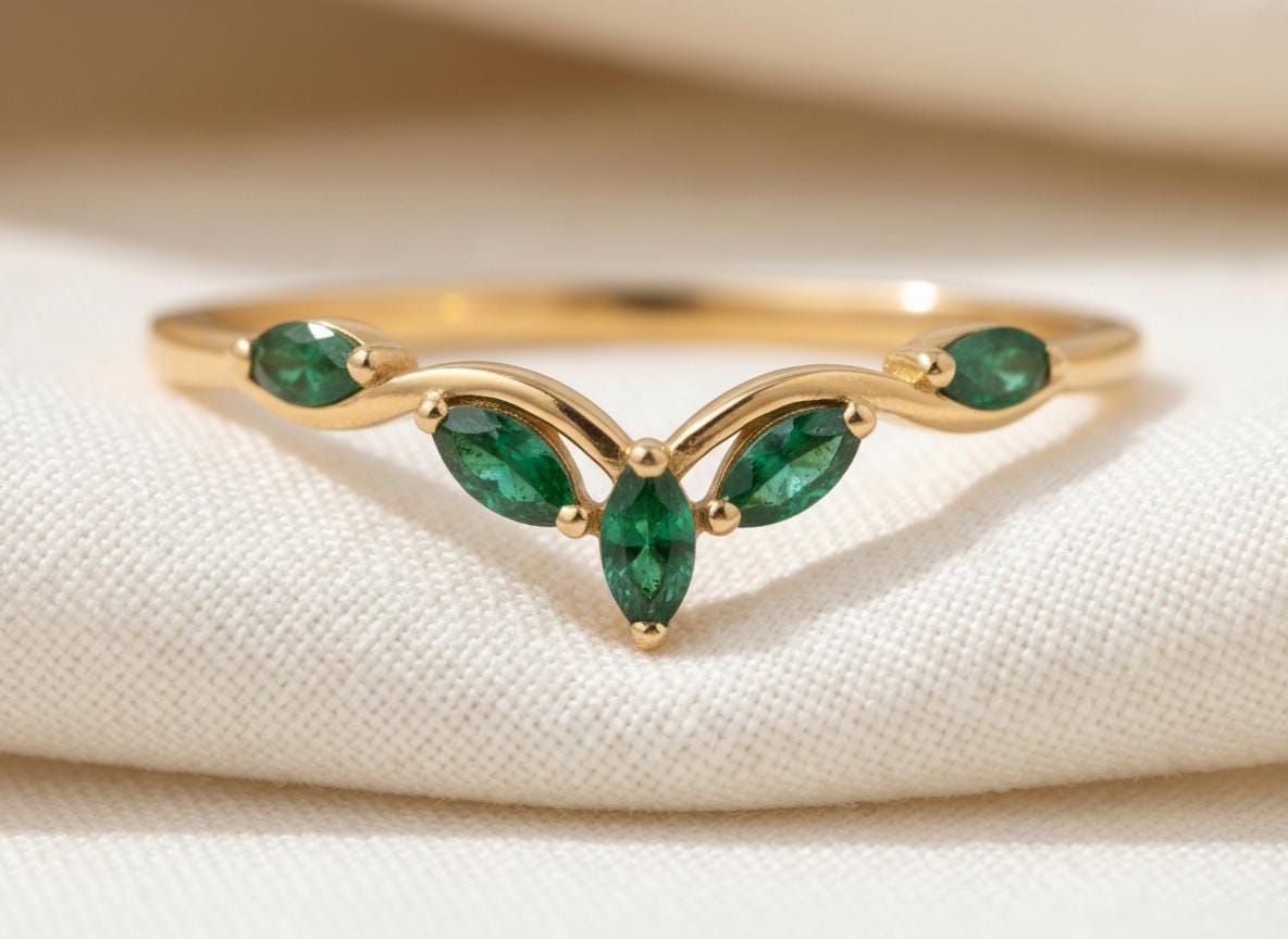 Curved Emerald Marquise Cluster Band, 18K Gold May Birthstone V-Shaped Ring, Dainty Green Emerald Enhancer