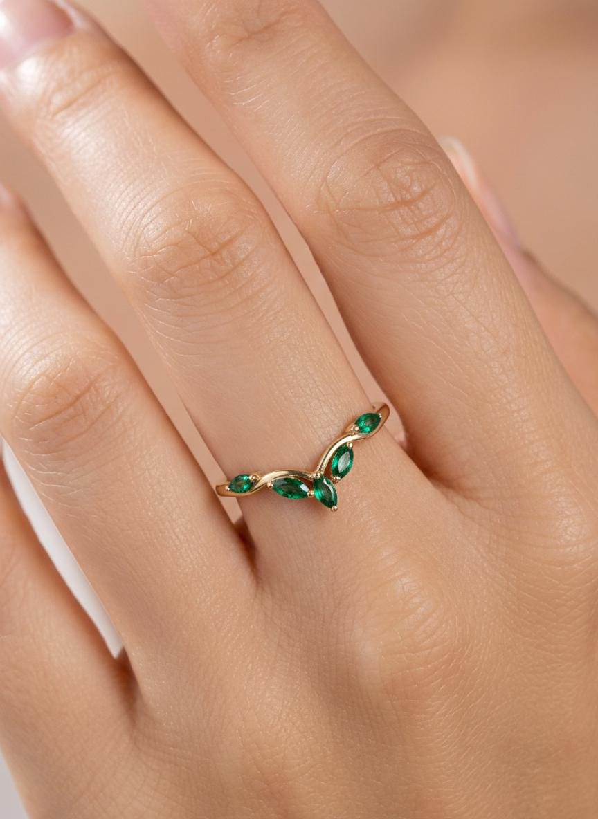 Curved Emerald Marquise Cluster Band, 18K Gold May Birthstone V-Shaped Ring, Dainty Green Emerald Enhancer