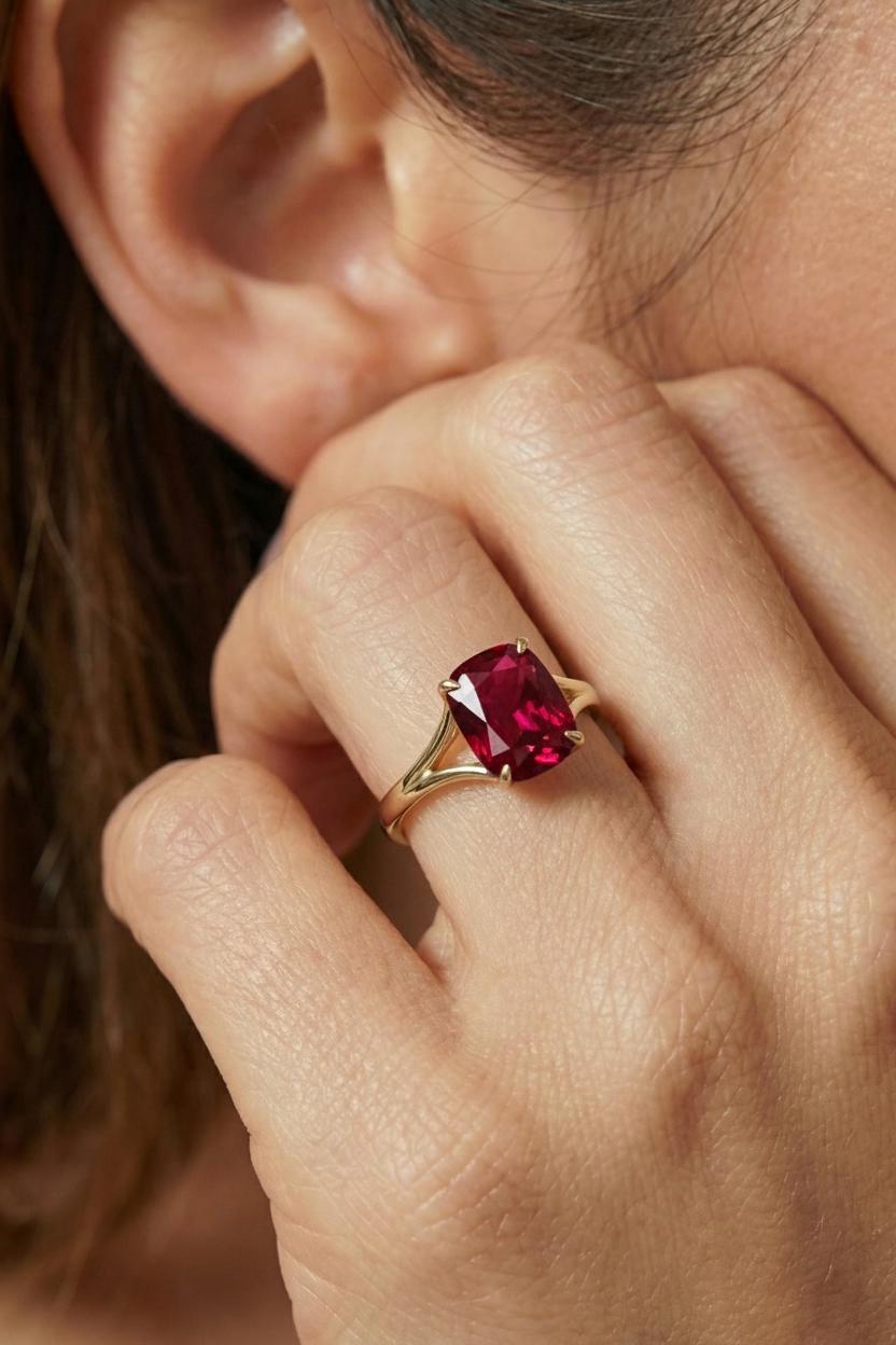 Cushion Cut Ruby Engagement Ring, Modern Split Shank Solitaire, Vintage Inspired Anniversary Gift for Her – July Birthstone Jewelry
