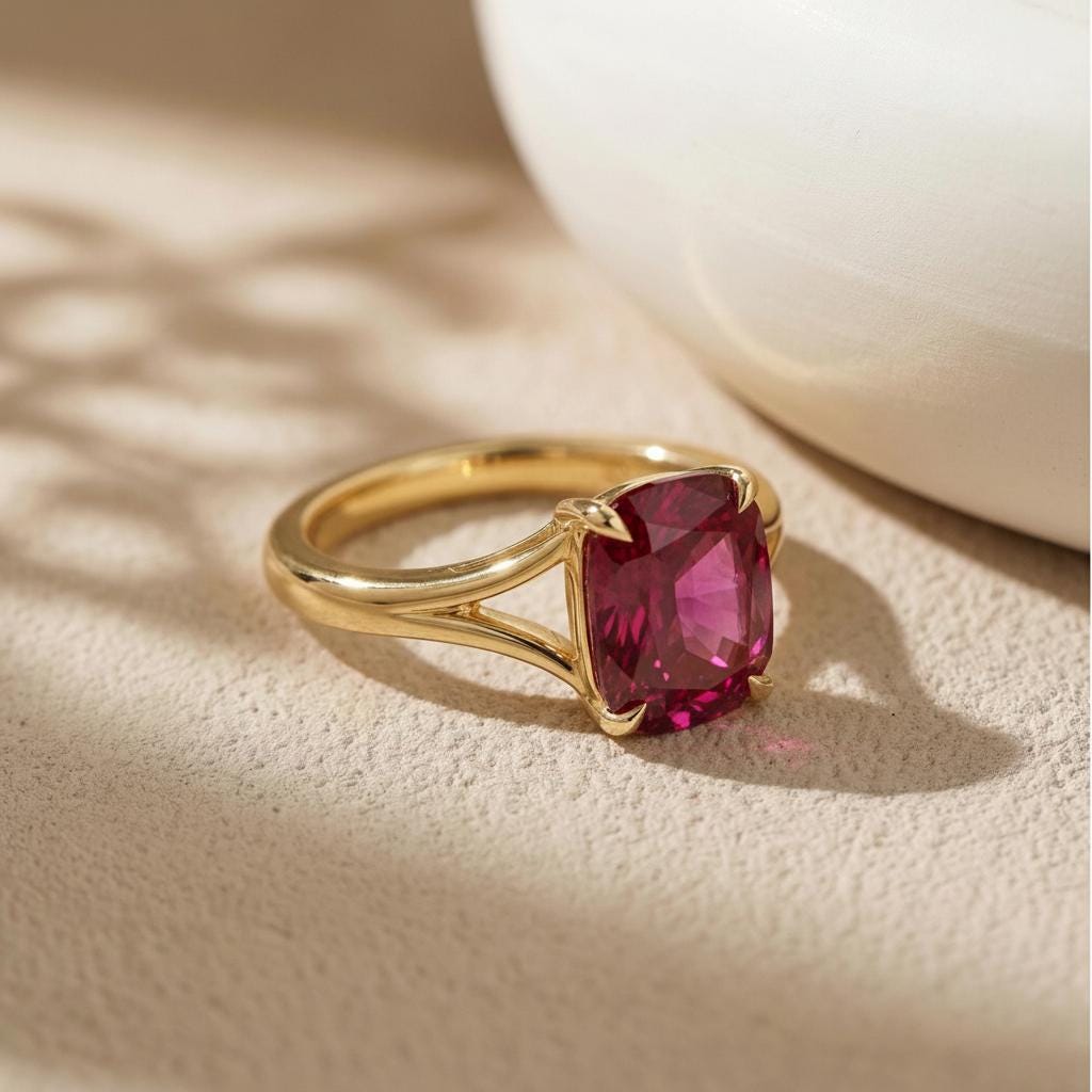 Cushion Cut Ruby Engagement Ring, Modern Split Shank Solitaire, Vintage Inspired Anniversary Gift for Her – July Birthstone Jewelry