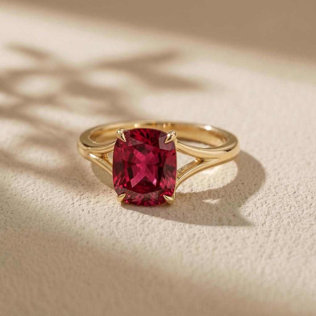 Cushion Cut Ruby Engagement Ring, Modern Split Shank Solitaire, Vintage Inspired Anniversary Gift for Her – July Birthstone Jewelry