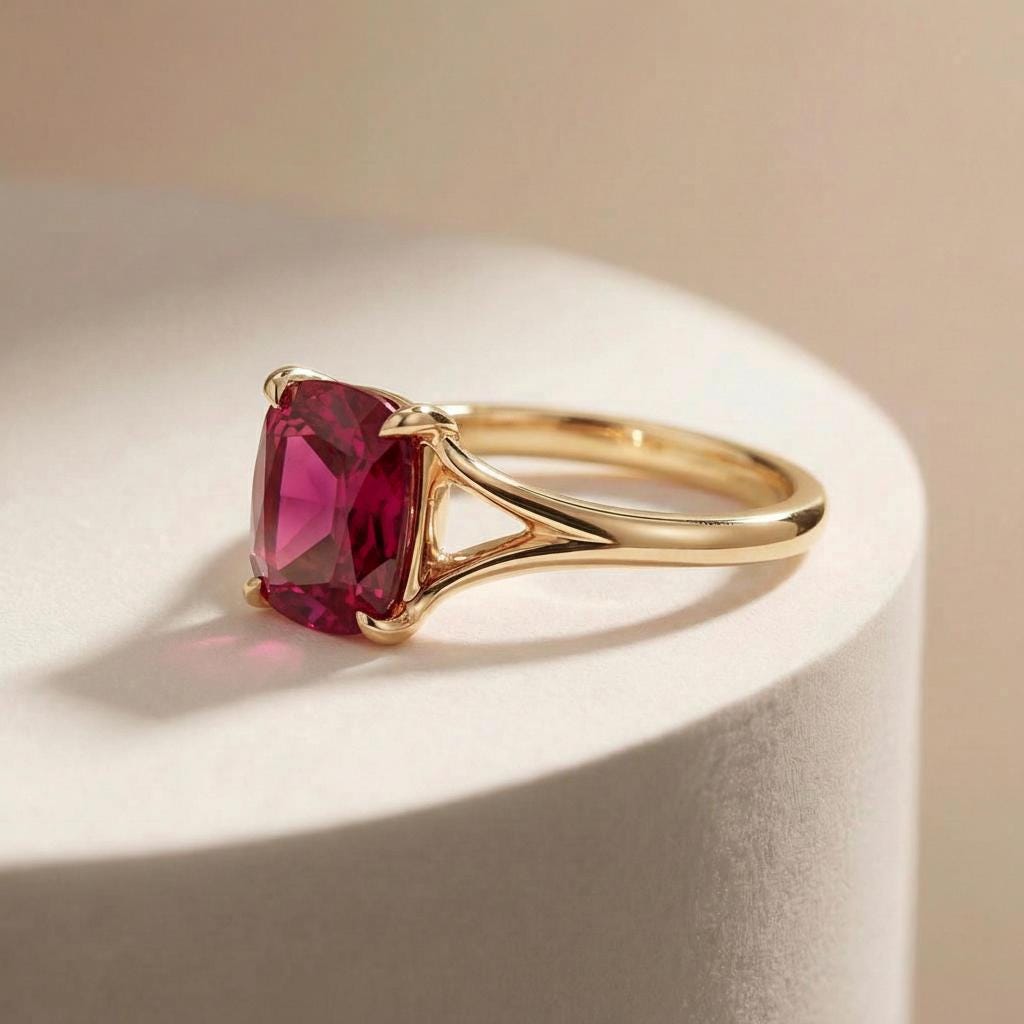 Cushion Cut Ruby Engagement Ring, Modern Split Shank Solitaire, Vintage Inspired Anniversary Gift for Her – July Birthstone Jewelry