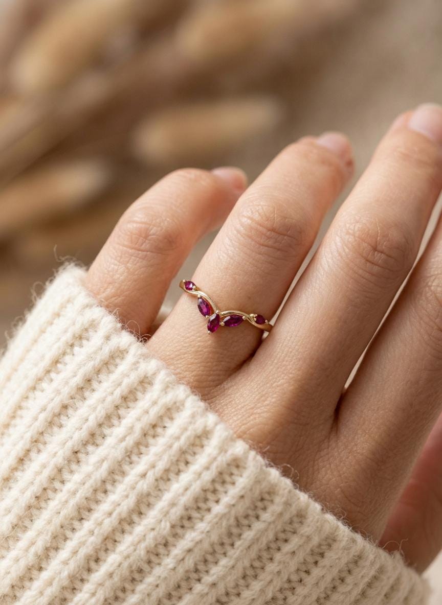 Curved Ruby Marquise Cluster Band, 18K Gold July Birthstone V-Shaped Ring, Dainty Red Ruby Enhancer