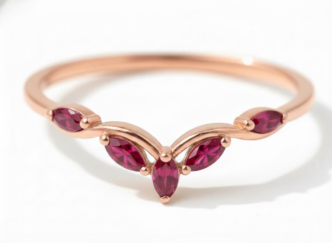 Curved Ruby Marquise Cluster Band, 18K Gold July Birthstone V-Shaped Ring, Dainty Red Ruby Enhancer