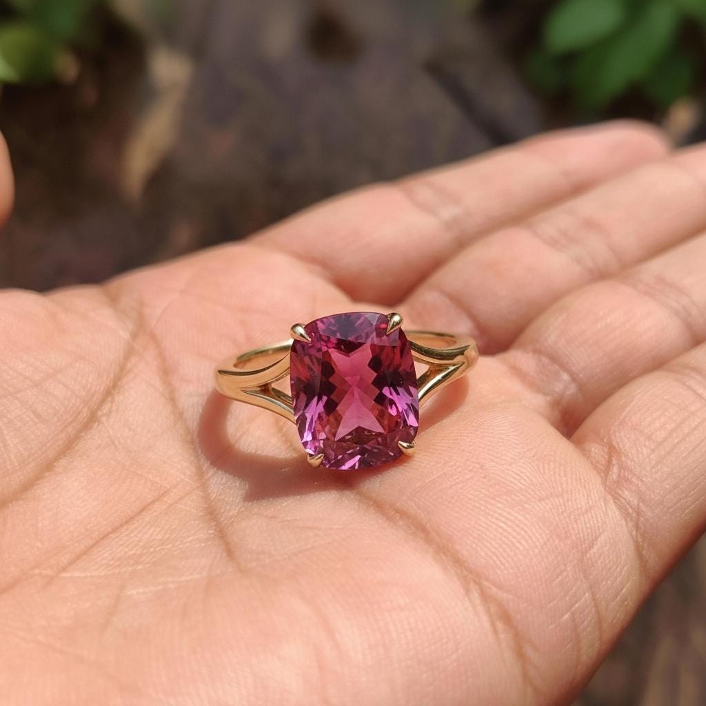 Cushion Cut Pink Tourmaline Engagement Ring, Modern Split Shank Solitaire, Vintage Inspired Anniversary Gift for Her – October Birthstone