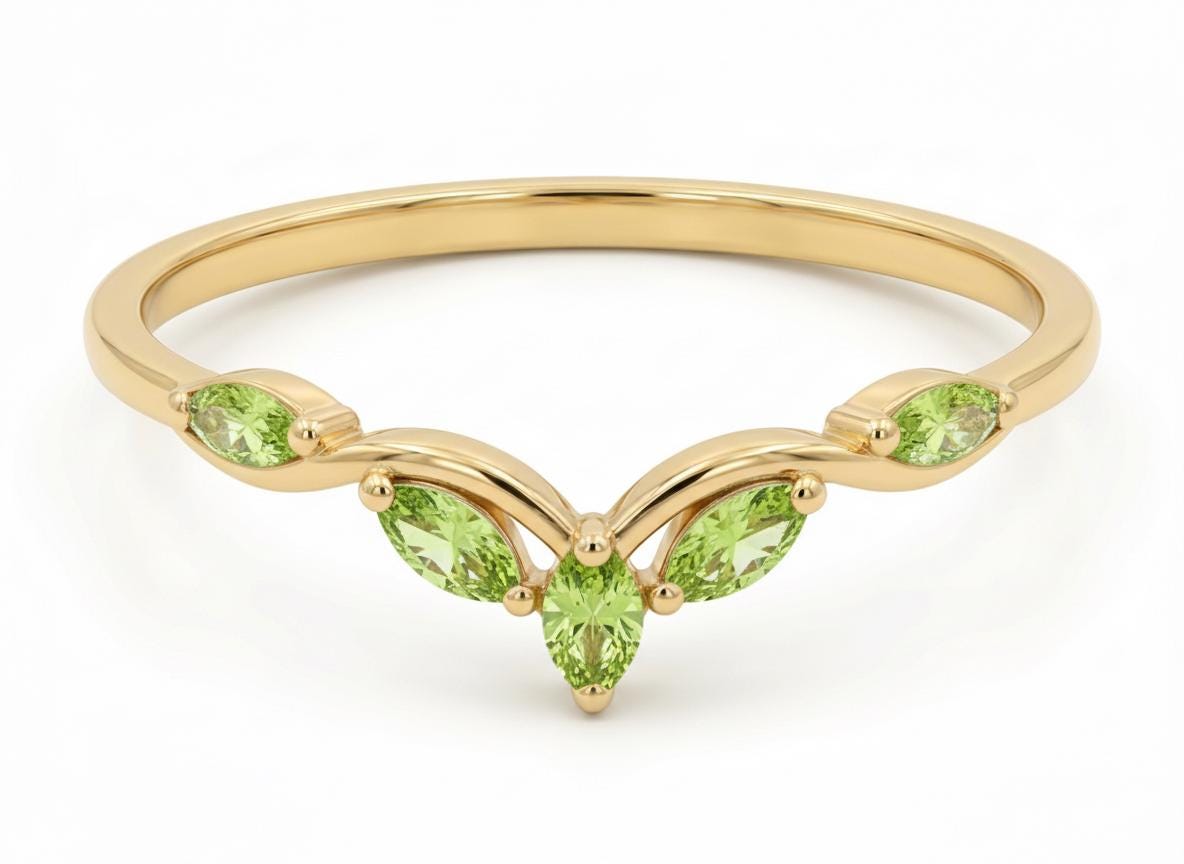 Curved Peridot Marquise Cluster Band, 18K Gold August Birthstone V-Shaped Ring, Dainty Green Peridot Enhancer