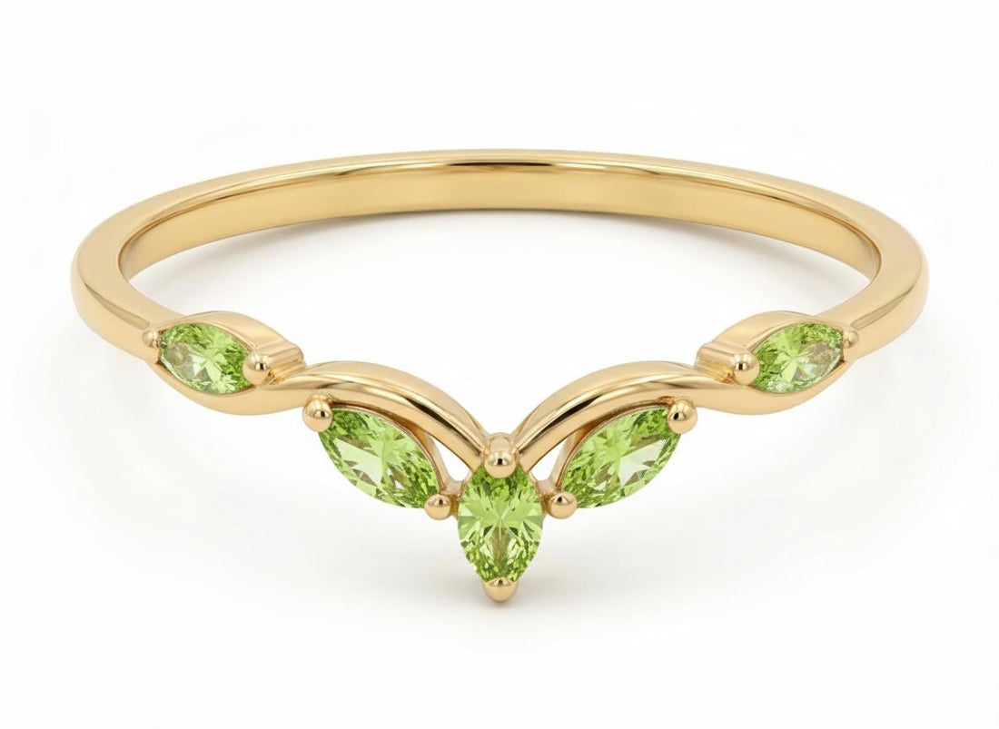 Curved Peridot Marquise Cluster Band, 18K Gold August Birthstone V-Shaped Ring, Dainty Green Peridot Enhancer