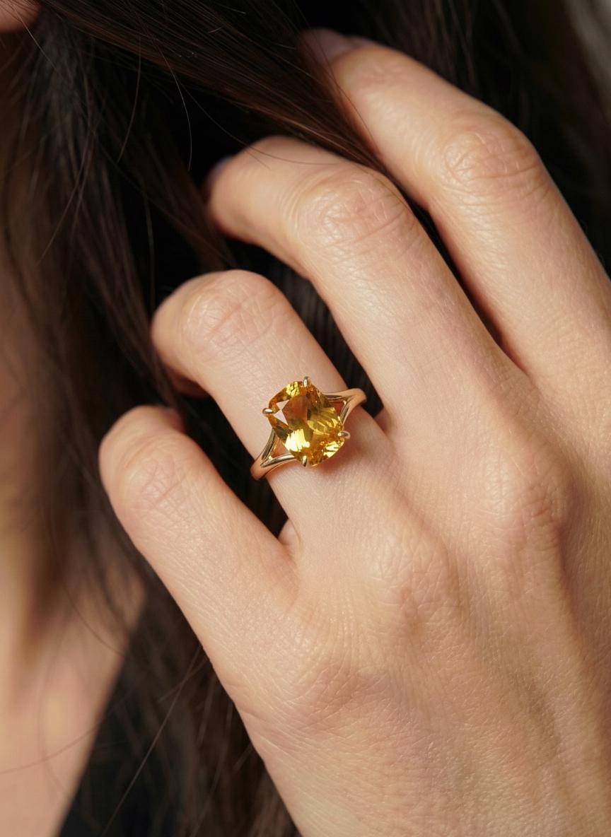 Cushion Cut Citrine Engagement Ring, Modern Split Shank Solitaire, Vintage Inspired Statement Birthstone Ring – November Birthstone Jewelry