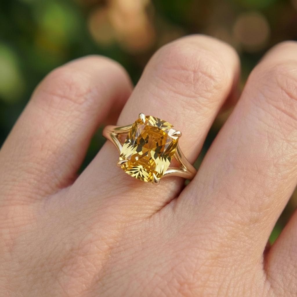 Cushion Cut Citrine Engagement Ring, Modern Split Shank Solitaire, Vintage Inspired Statement Birthstone Ring – November Birthstone Jewelry