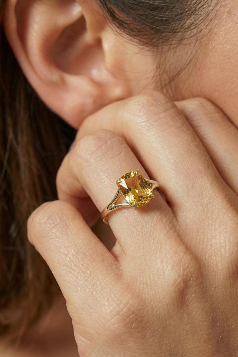 Cushion Cut Citrine Engagement Ring, Modern Split Shank Solitaire, Vintage Inspired Statement Birthstone Ring – November Birthstone Jewelry
