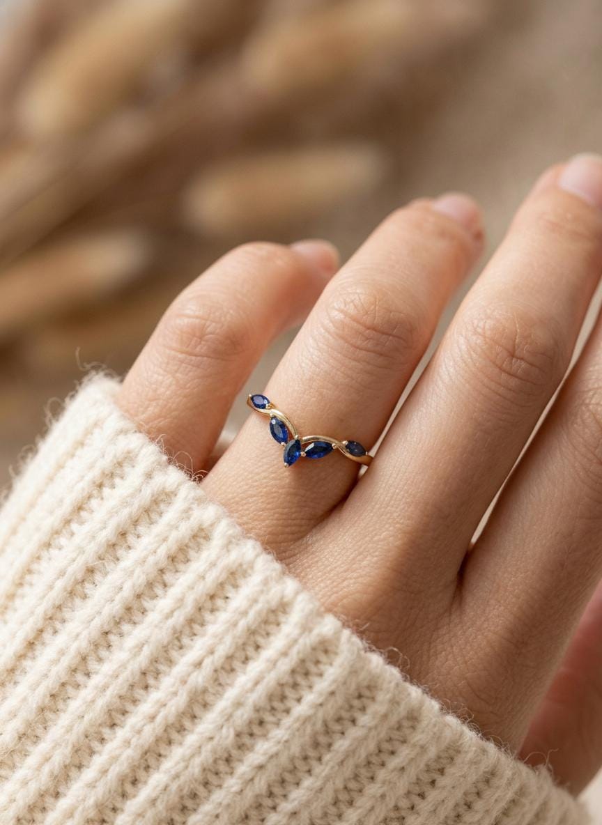 Curved Blue Sapphire Marquise Cluster Band, 18K Gold September Birthstone V-Shaped Ring, Dainty Blue Sapphire Enhancer