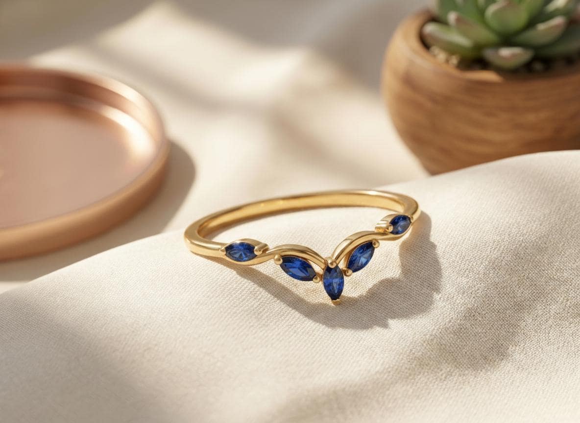 Curved Blue Sapphire Marquise Cluster Band, 18K Gold September Birthstone V-Shaped Ring, Dainty Blue Sapphire Enhancer