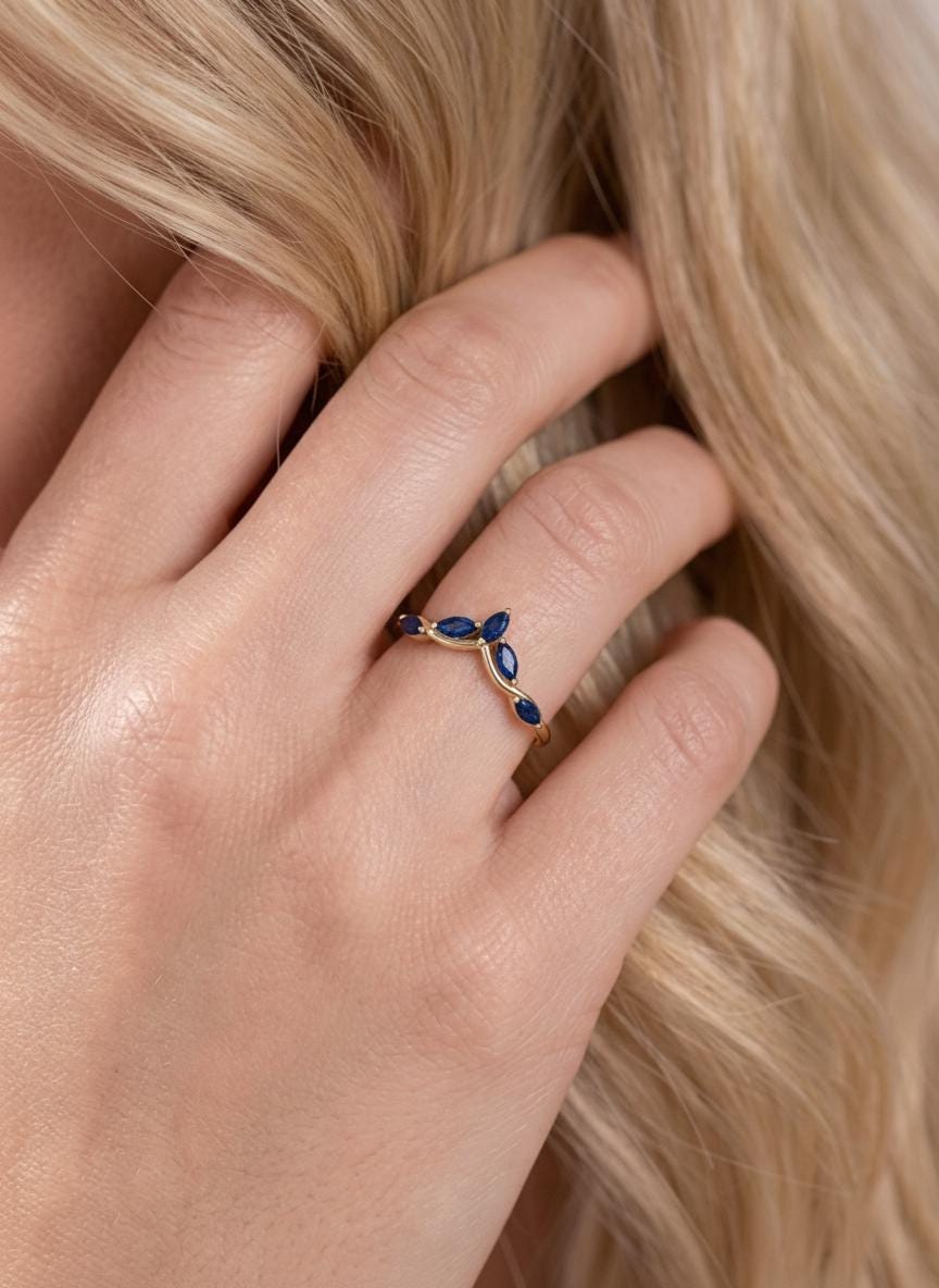 Curved Blue Sapphire Marquise Cluster Band, 18K Gold September Birthstone V-Shaped Ring, Dainty Blue Sapphire Enhancer
