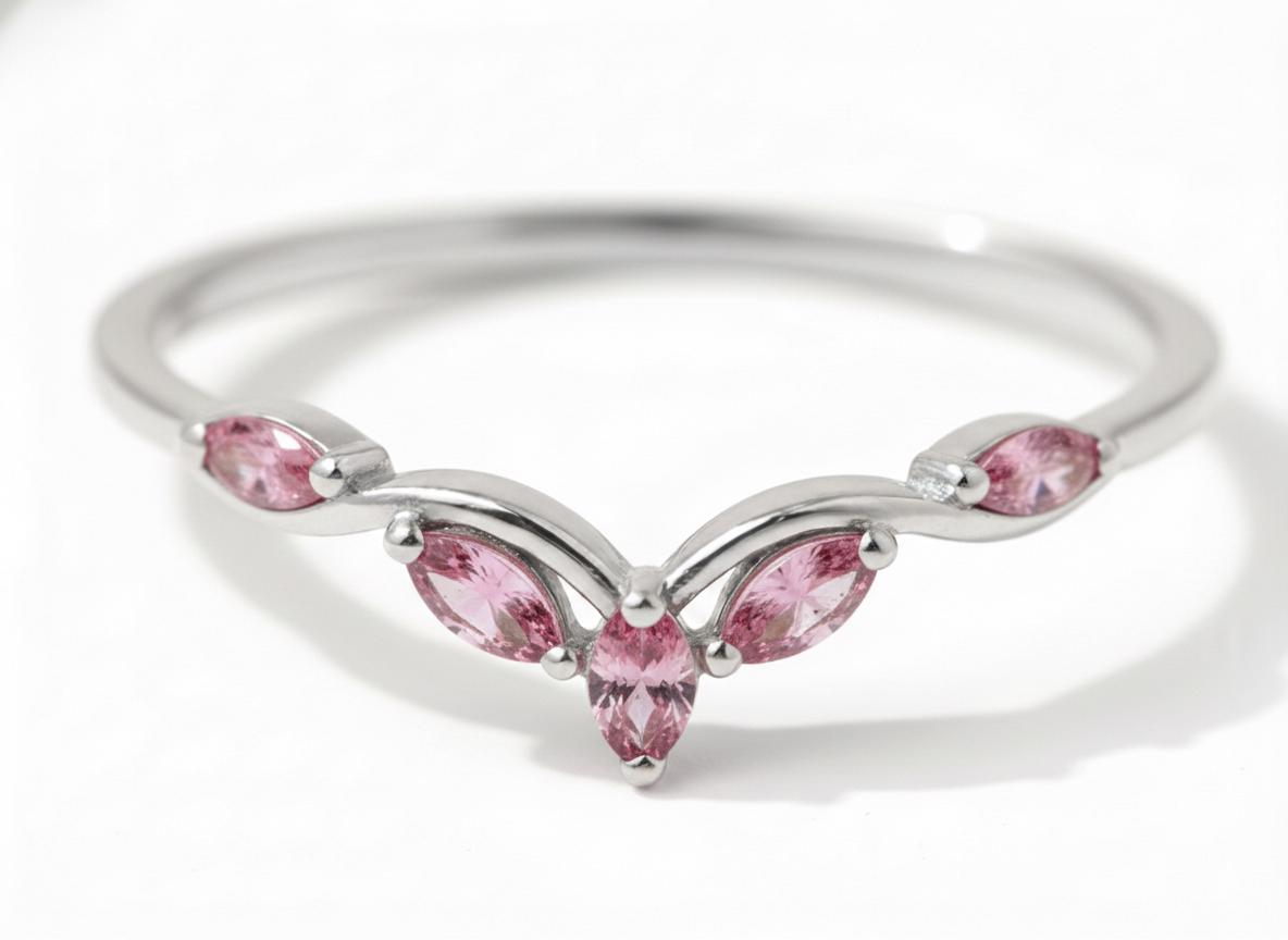 Curved Pink Tourmaline Marquise Cluster Band, 18K Gold October Birthstone V-Shaped Ring, Dainty Pink Tourmaline Enhancer