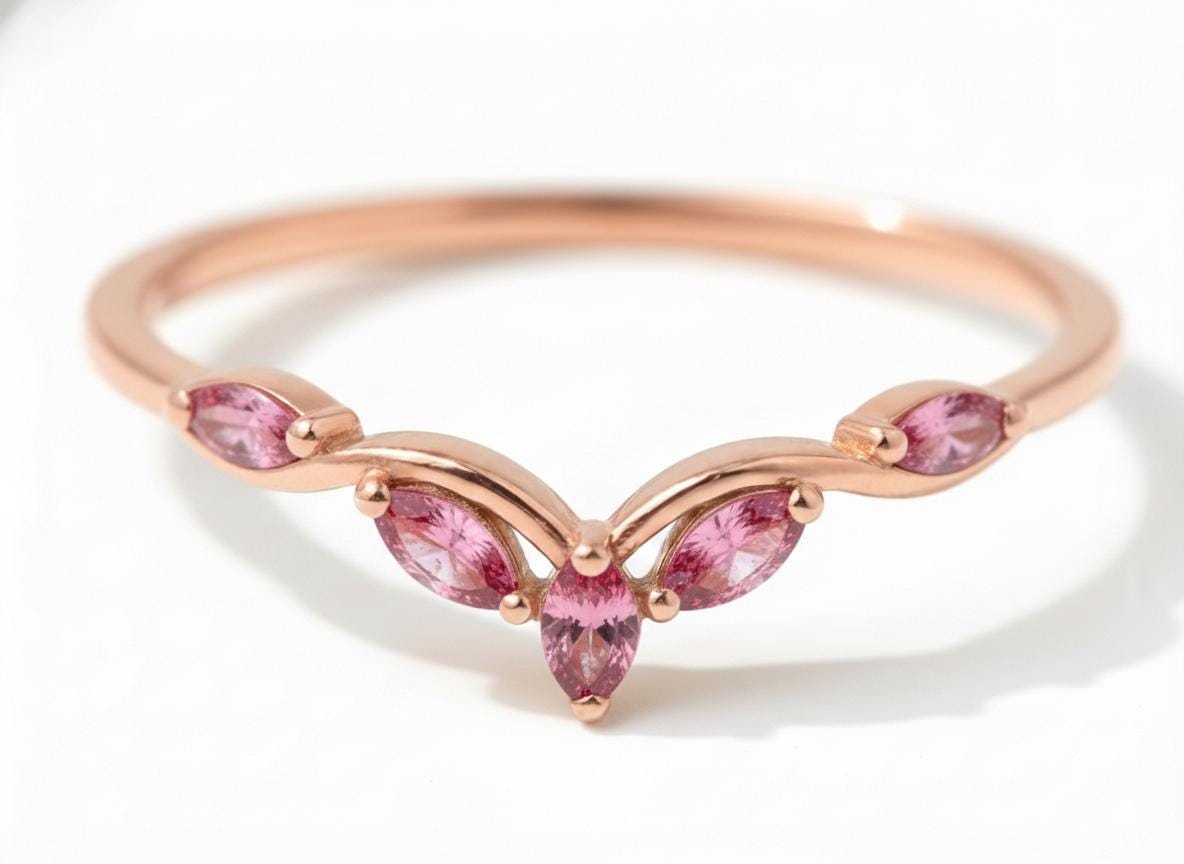 Curved Pink Tourmaline Marquise Cluster Band, 18K Gold October Birthstone V-Shaped Ring, Dainty Pink Tourmaline Enhancer