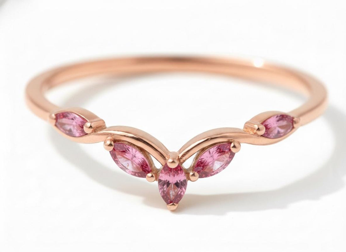 Curved Pink Tourmaline Marquise Cluster Band, 18K Gold October Birthstone V-Shaped Ring, Dainty Pink Tourmaline Enhancer