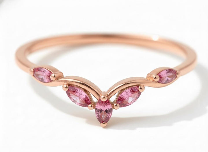Curved Pink Tourmaline Marquise Cluster Band, 18K Gold October Birthstone V-Shaped Ring, Dainty Pink Tourmaline Enhancer