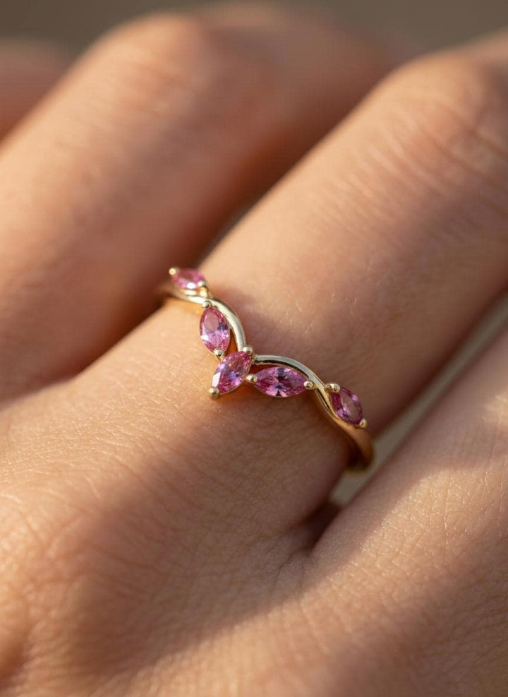 Curved Pink Tourmaline Marquise Cluster Band, 18K Gold October Birthstone V-Shaped Ring, Dainty Pink Tourmaline Enhancer
