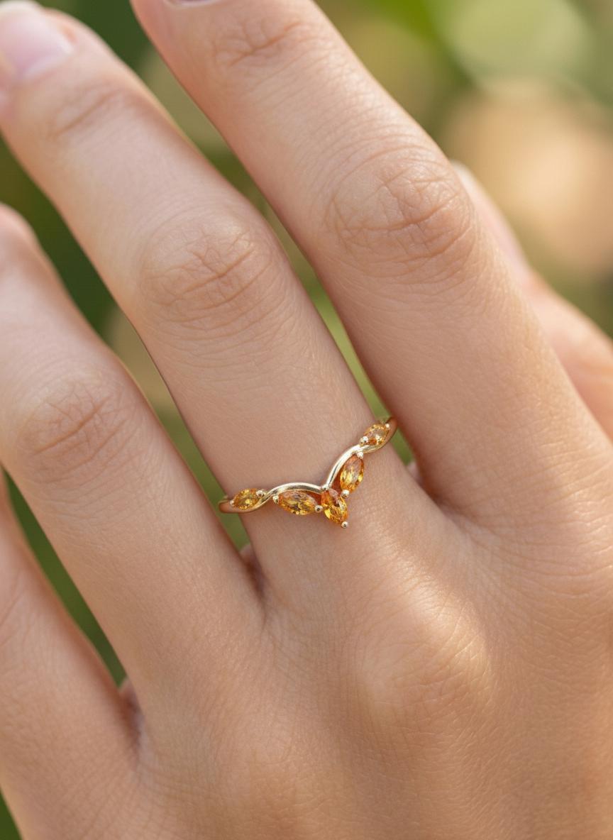 Curved Citrine Marquise Cluster Band, 18K Gold November Birthstone V-Shaped Ring, Dainty Golden Citrine Enhancer