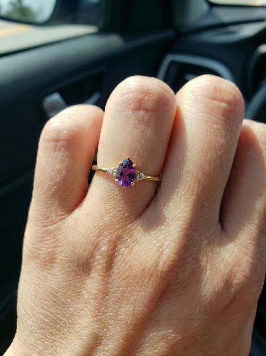 0.50ct Amethyst Birthstone Ring, Pear Cut Vintage Engagement Ring, February Gemstone, Teardrop Promise Ring