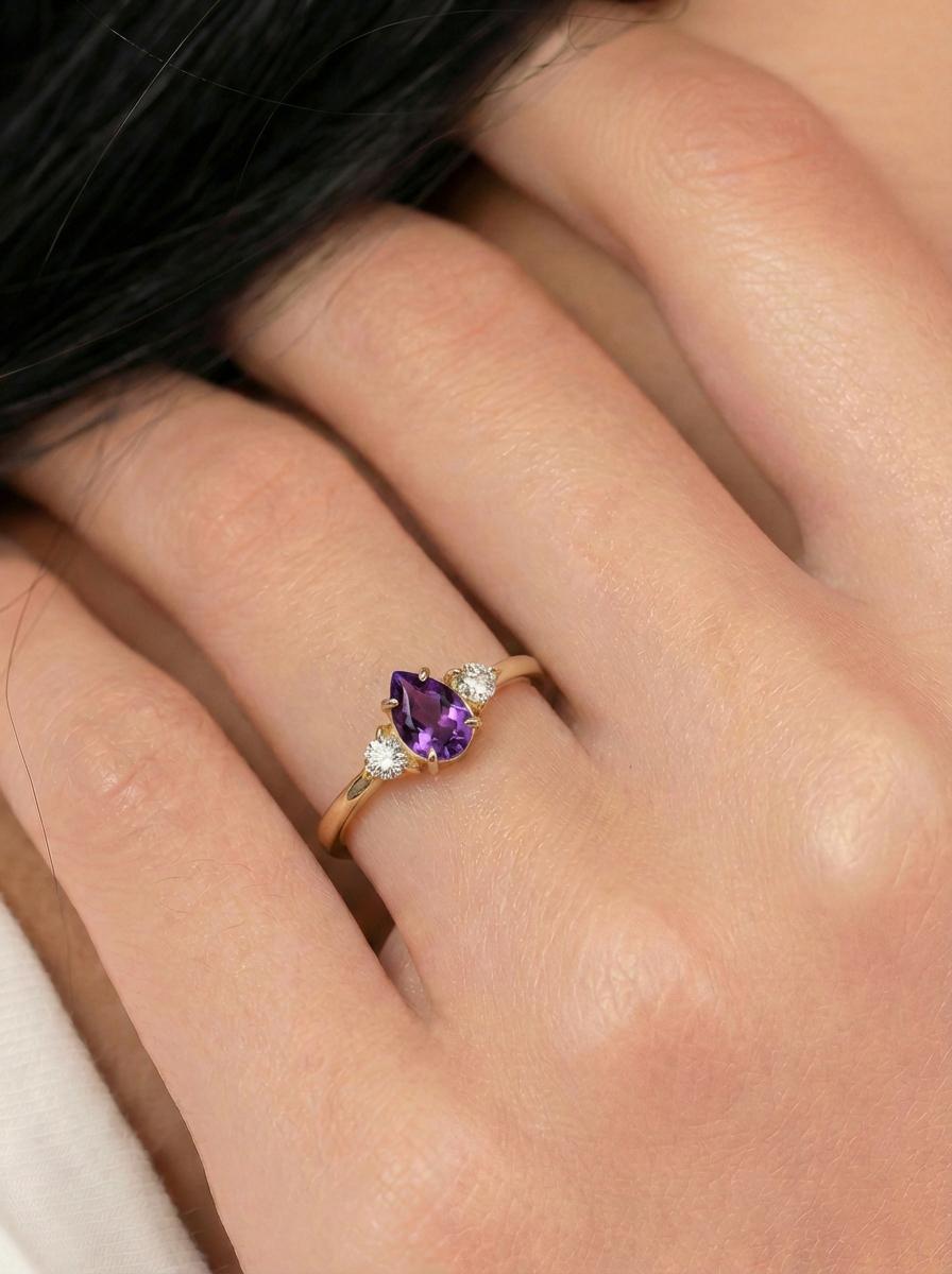 0.50ct Amethyst Birthstone Ring, Pear Cut Vintage Engagement Ring, February Gemstone, Teardrop Promise Ring
