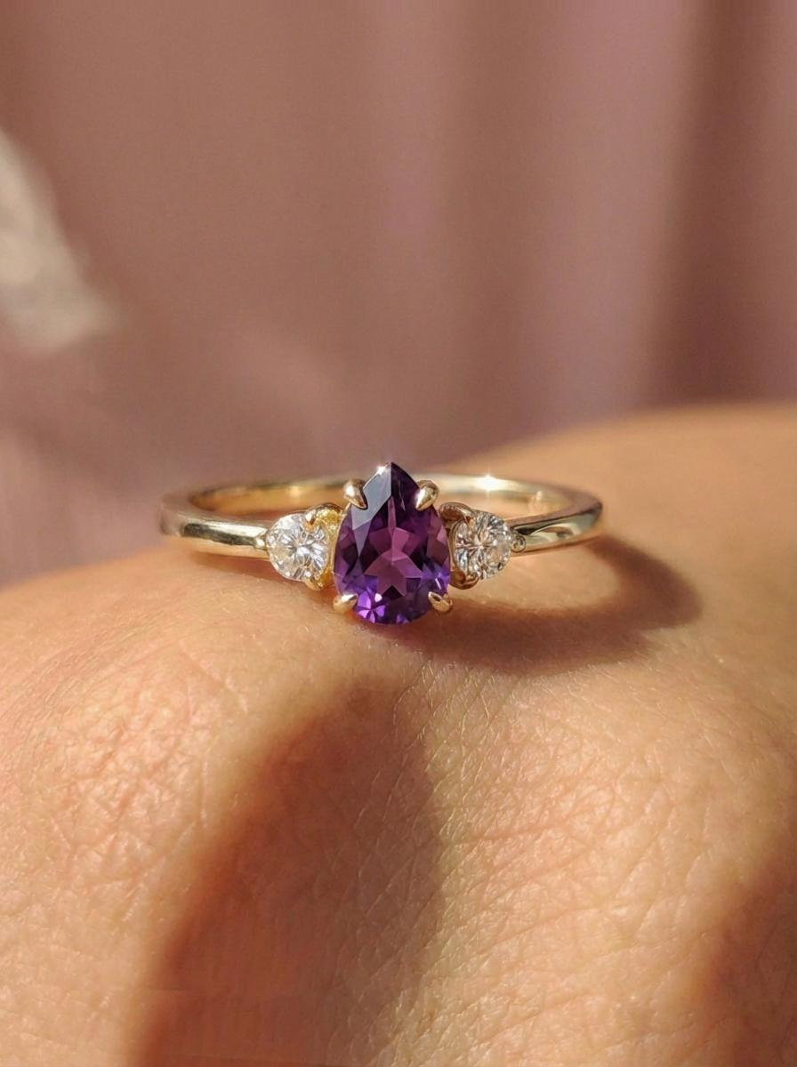 0.50ct Amethyst Birthstone Ring, Pear Cut Vintage Engagement Ring, February Gemstone, Teardrop Promise Ring