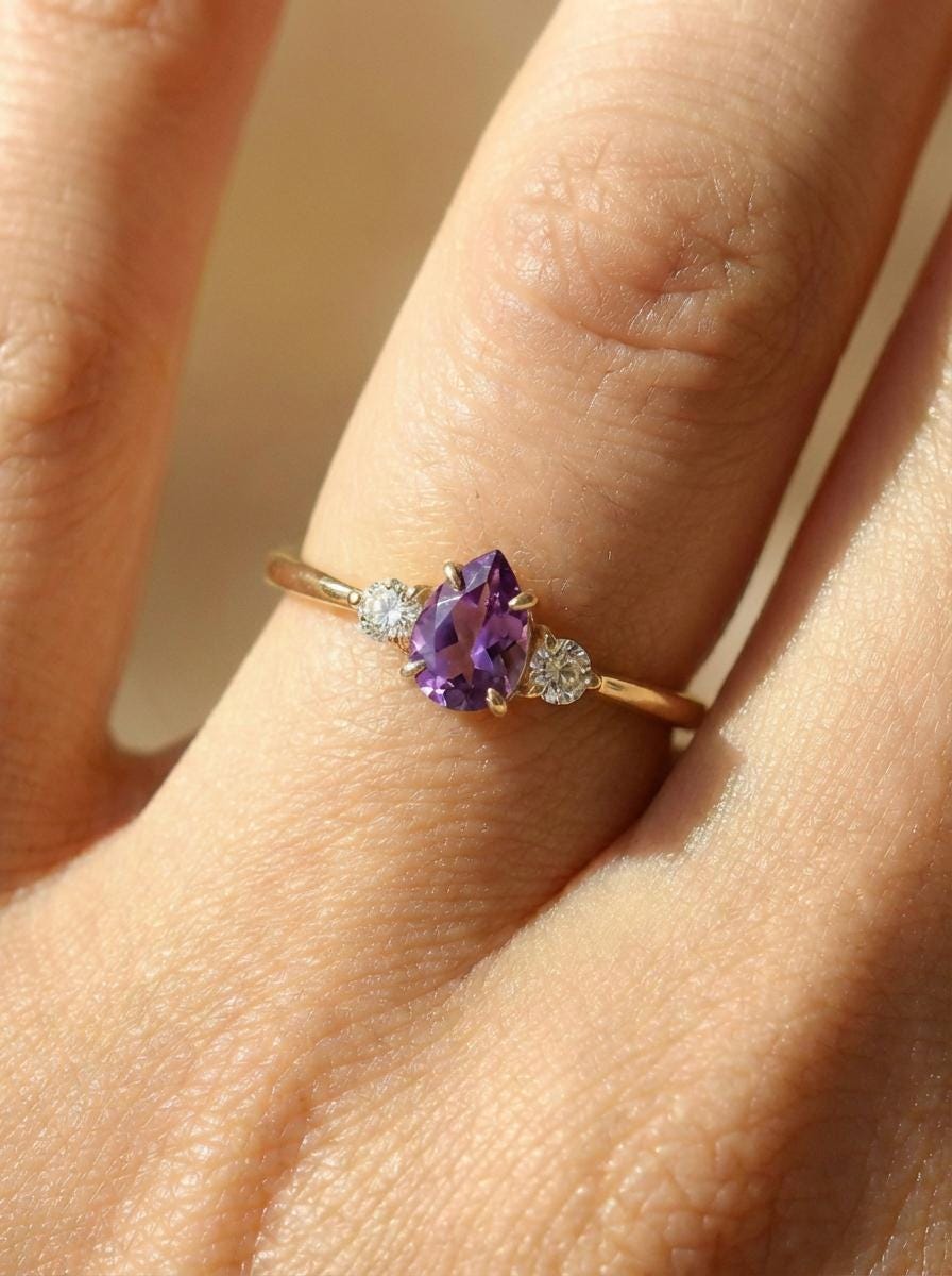 0.50ct Amethyst Birthstone Ring, Pear Cut Vintage Engagement Ring, February Gemstone, Teardrop Promise Ring