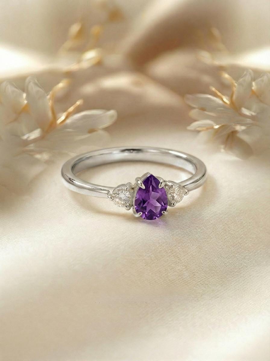 0.50ct Amethyst Birthstone Ring, Pear Cut Vintage Engagement Ring, February Gemstone, Teardrop Promise Ring