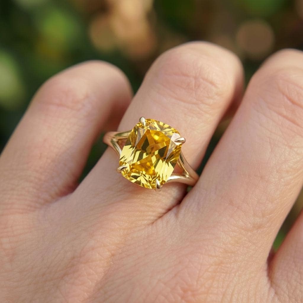 Cushion Cut Yellow Sapphire Engagement Ring, Modern Split Shank Solitaire, Vintage Inspired Gift for Her – Push Present Jewelry Gift
