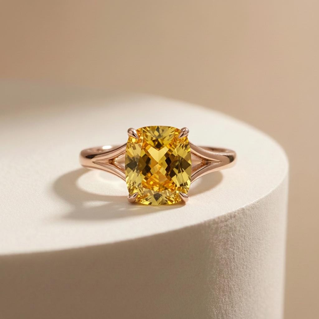 Cushion Cut Yellow Sapphire Engagement Ring, Modern Split Shank Solitaire, Vintage Inspired Gift for Her – Push Present Jewelry Gift