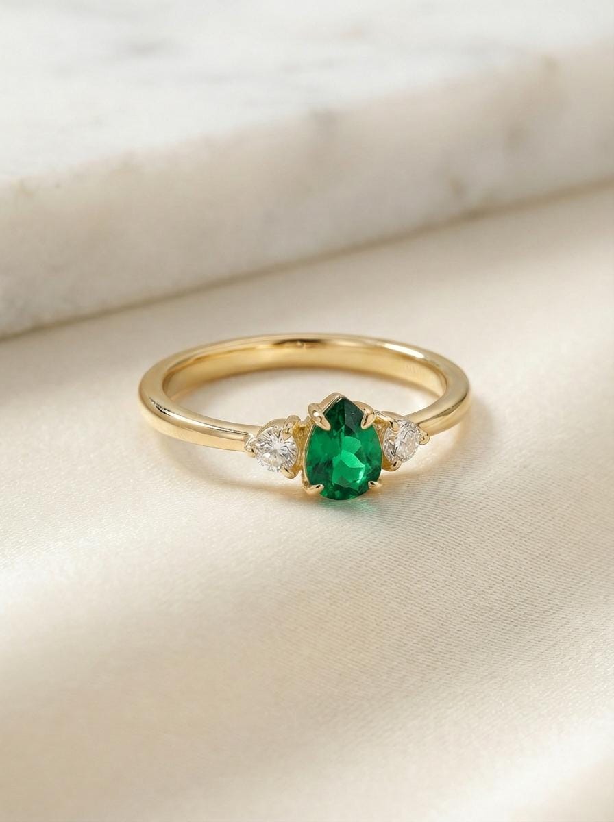 0.50ct Emerald Birthstone Ring, Pear Cut Vintage Engagement Ring, May Gemstone, Teardrop Promise Ring