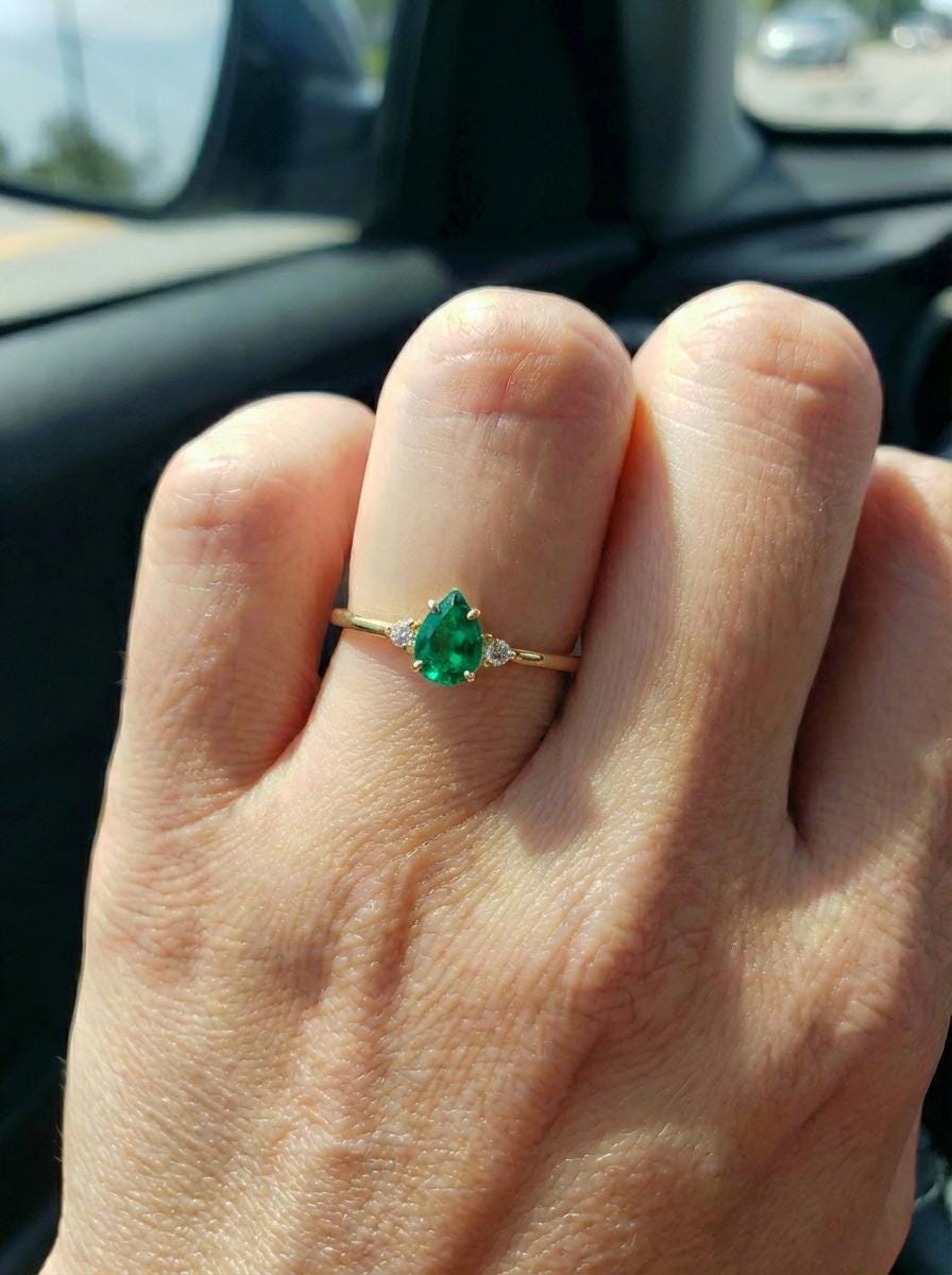 0.50ct Emerald Birthstone Ring, Pear Cut Vintage Engagement Ring, May Gemstone, Teardrop Promise Ring