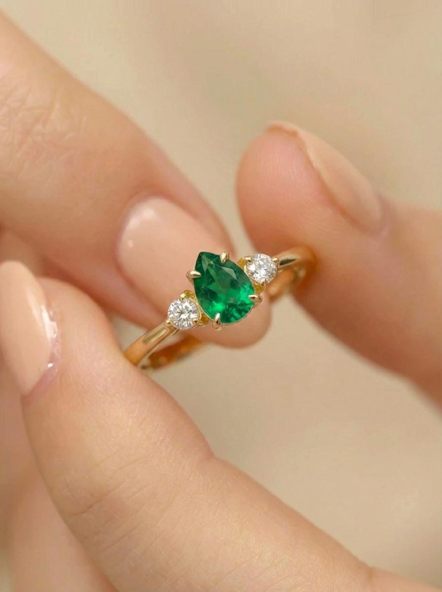 0.50ct Emerald Birthstone Ring, Pear Cut Vintage Engagement Ring, May Gemstone, Teardrop Promise Ring