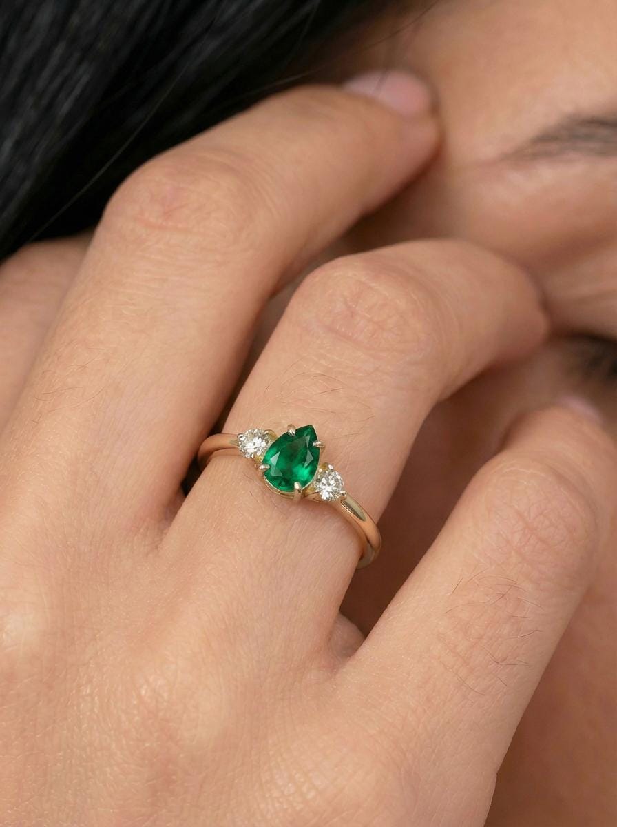 0.50ct Emerald Birthstone Ring, Pear Cut Vintage Engagement Ring, May Gemstone, Teardrop Promise Ring