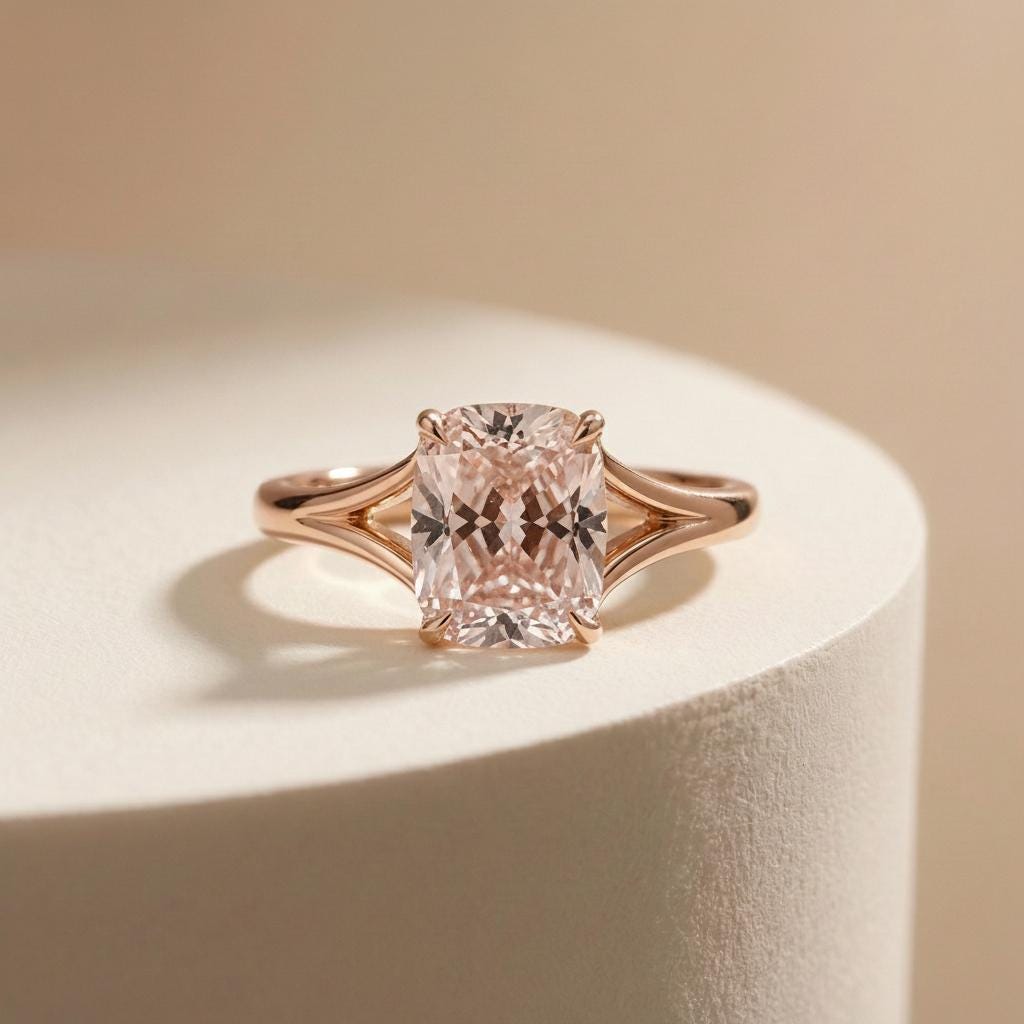 Cushion Cut Morganite Engagement Ring, Modern Split Shank Solitaire, Vintage Inspired Anniversary Gift for Wife