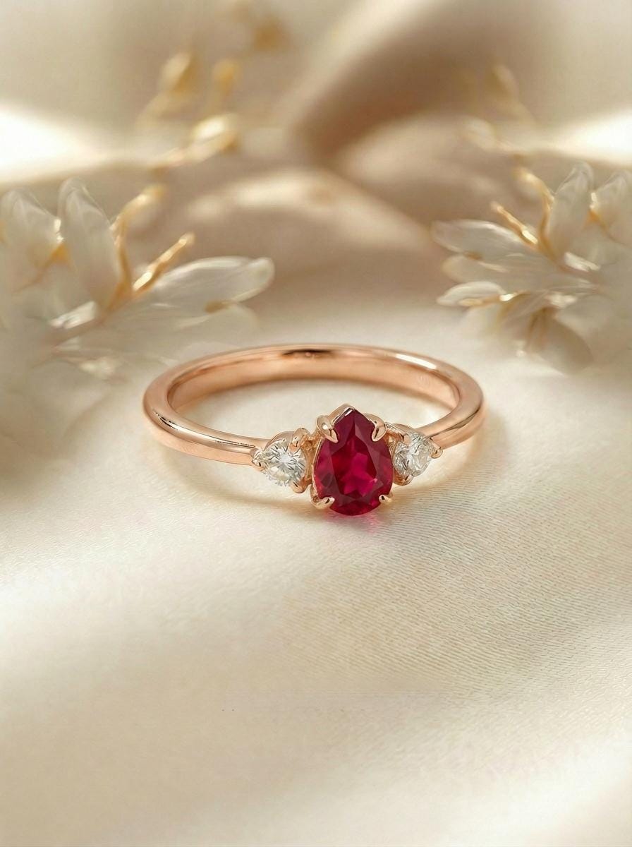 0.50ct Ruby Birthstone Ring, Pear Cut Vintage Engagement Ring, July Gemstone, Teardrop Promise Ring