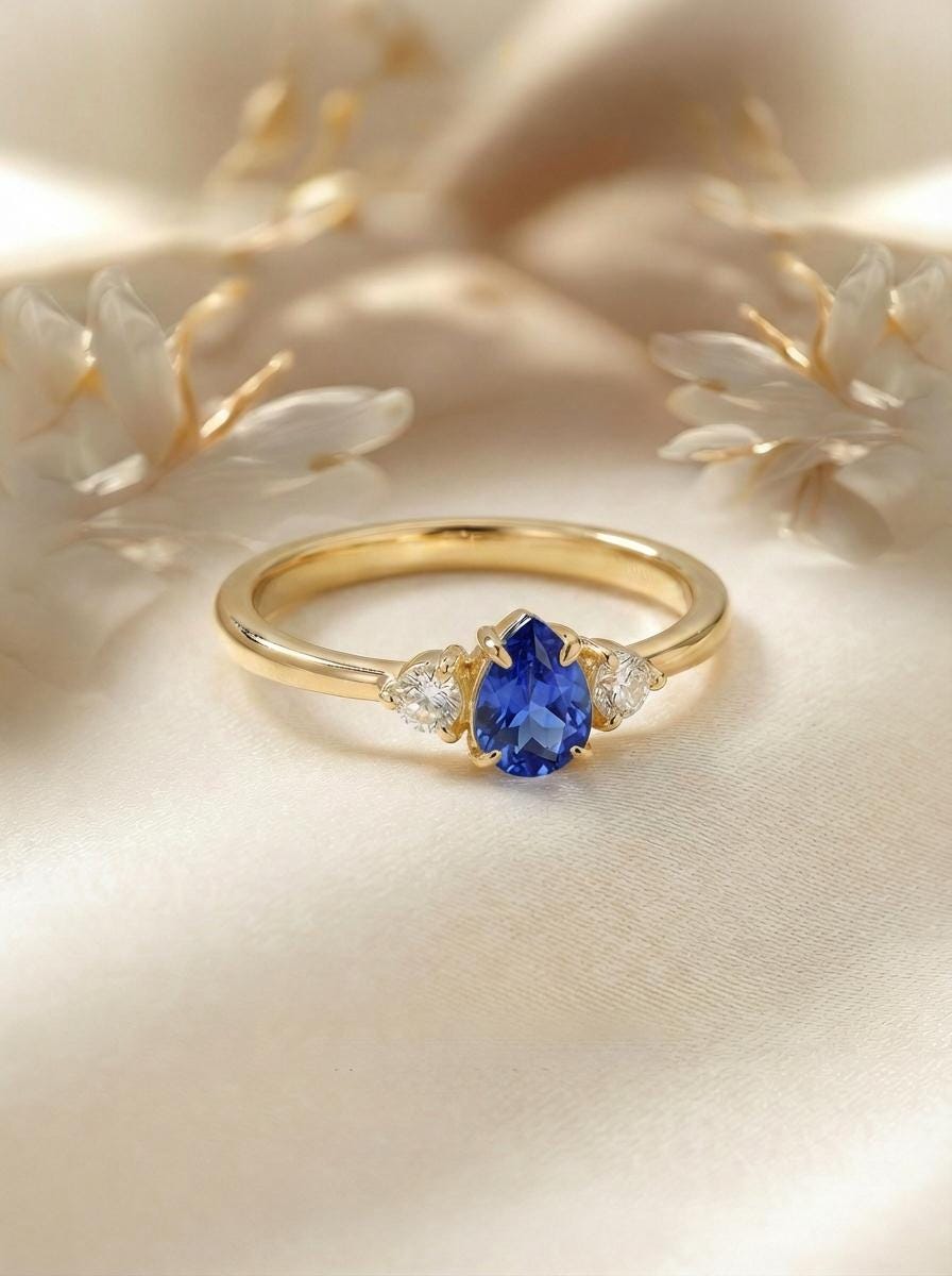 0.50ct Blue Sapphire Birthstone Ring, Pear Cut Vintage Engagement Ring, September Gemstone, Teardrop Promise Ring