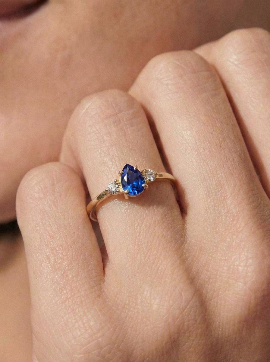 0.50ct Blue Sapphire Birthstone Ring, Pear Cut Vintage Engagement Ring, September Gemstone, Teardrop Promise Ring