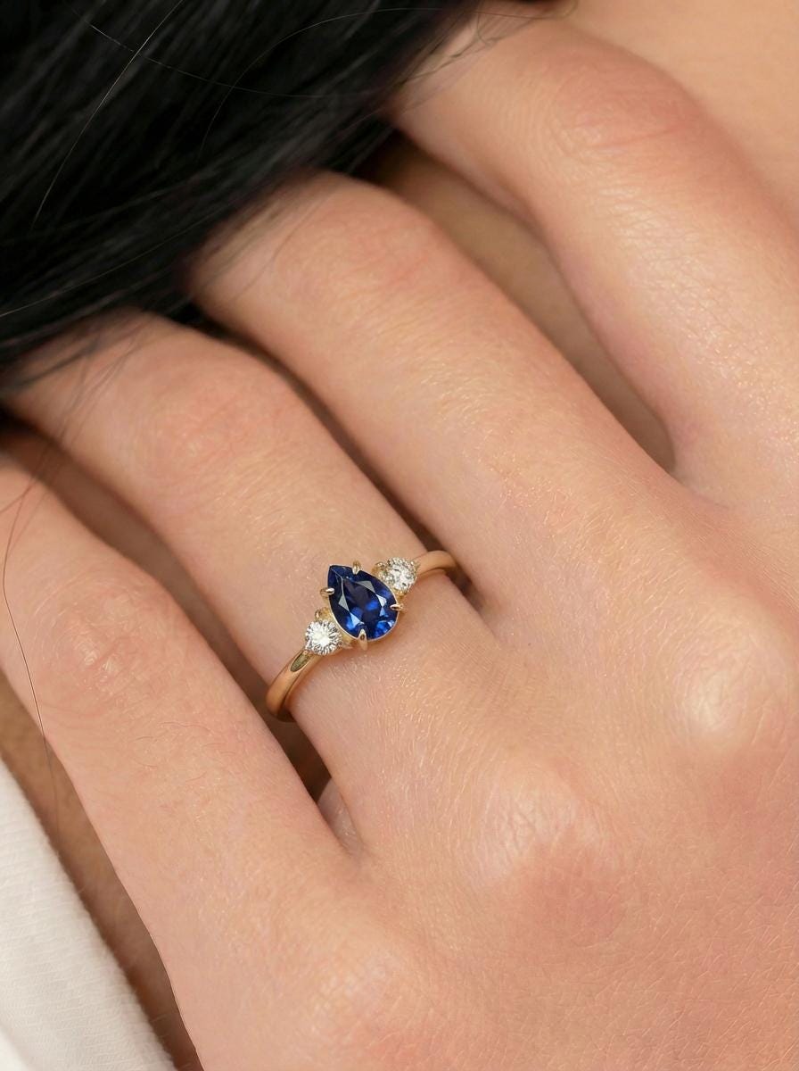 0.50ct Blue Sapphire Birthstone Ring, Pear Cut Vintage Engagement Ring, September Gemstone, Teardrop Promise Ring